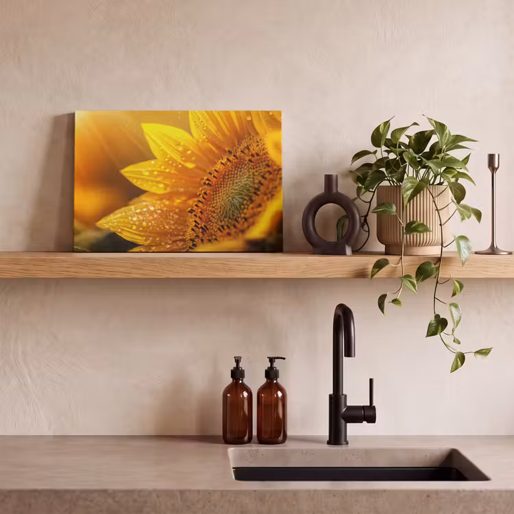 Canvas schilderij - Zonnebloem - Dauwdruppels - Geel - Zonlicht — 3