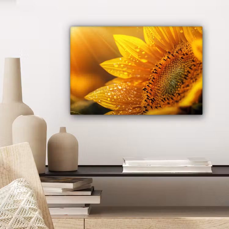 Canvas schilderij - Zonnebloem - Dauwdruppels - Geel - Zonlicht — 5