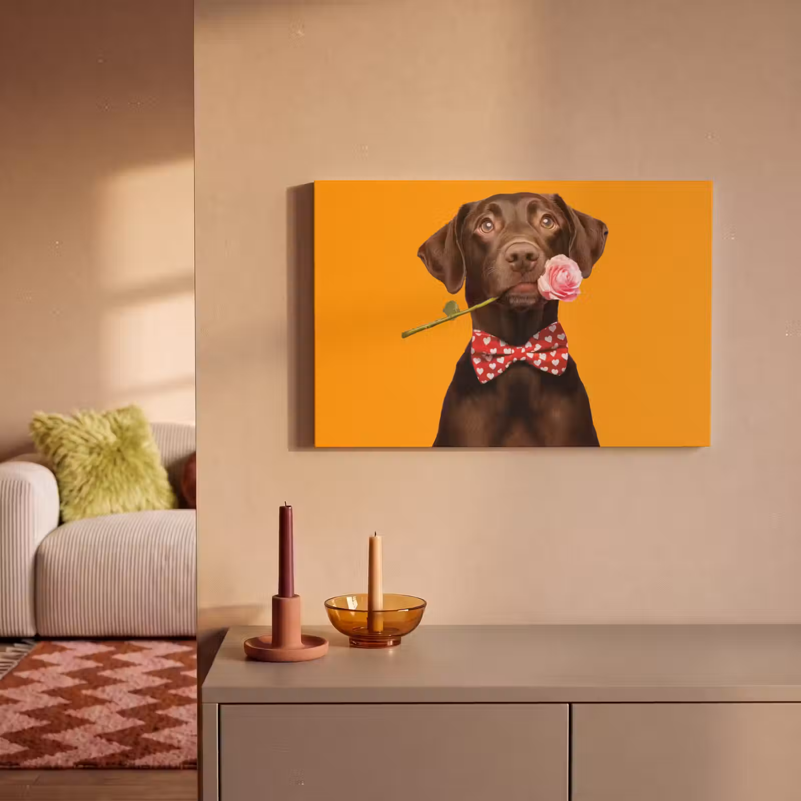 Canvas schilderij - Hond - Oranje - Roos - Valentijn — 1