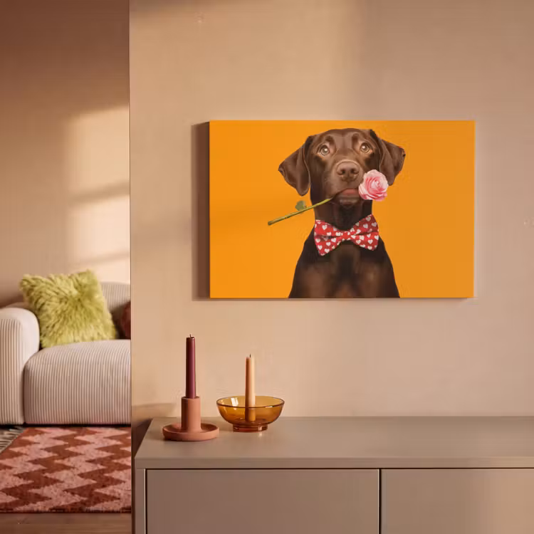Canvas schilderij - Hond - Oranje - Roos - Valentijn — 1