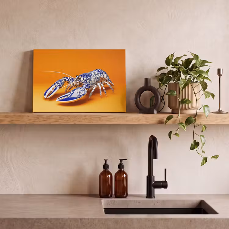 Canvas schilderij - Kreeft - Delftsblauw - Schild - Stoer - Oranje — 3