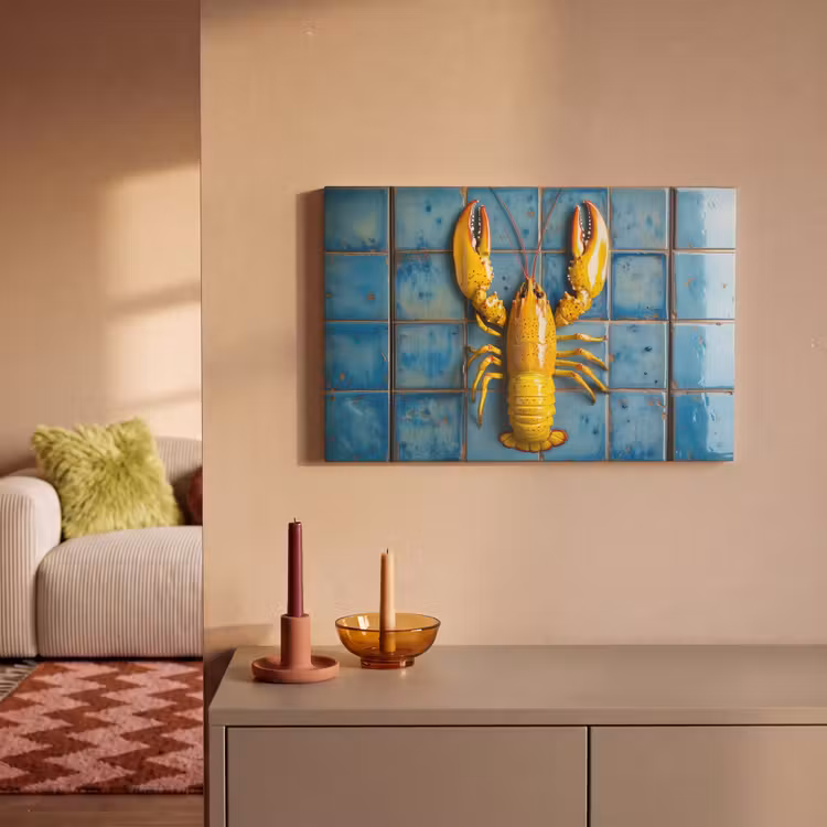 Canvas schilderij - Kreeft - Geel - Blauw - Tegels — 2