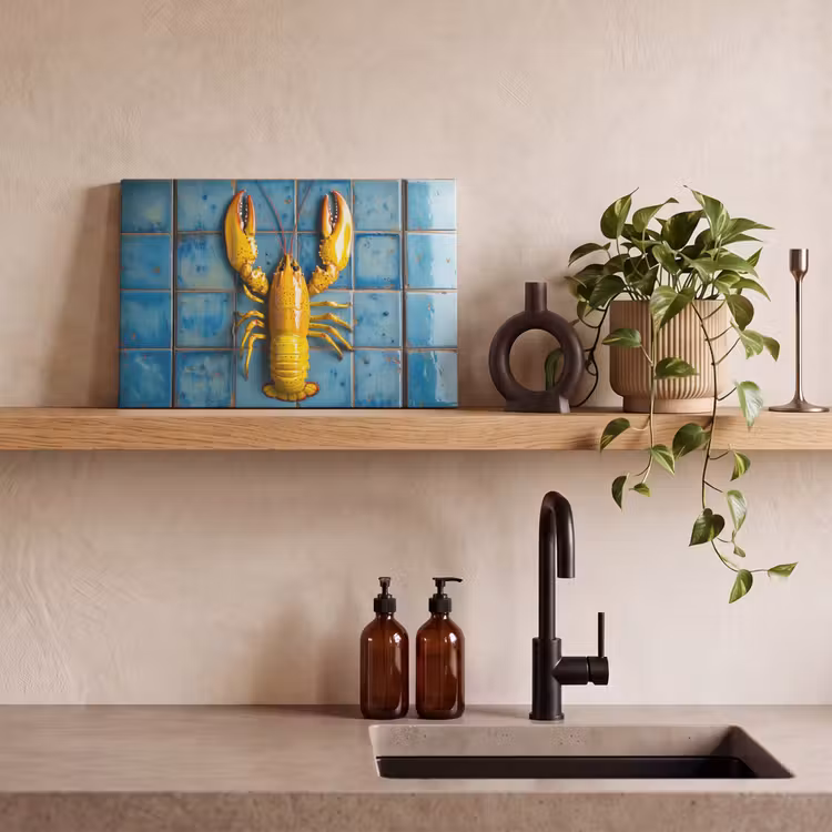 Canvas schilderij - Kreeft - Geel - Blauw - Tegels — 3