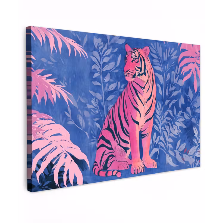 Canvas schilderij - Tijger - Roze - Bladeren - Jungle — 1