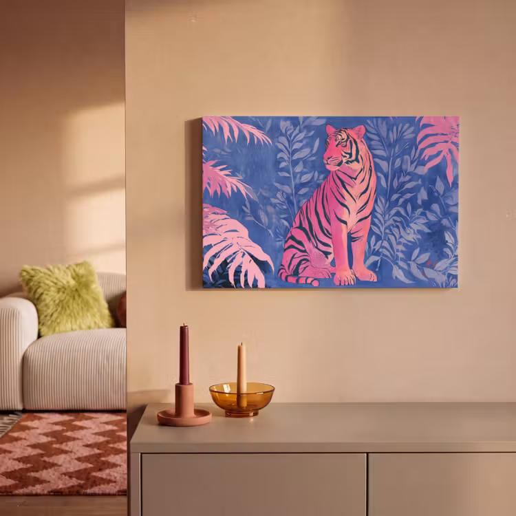 Canvas schilderij - Tijger - Roze - Bladeren - Jungle — 2