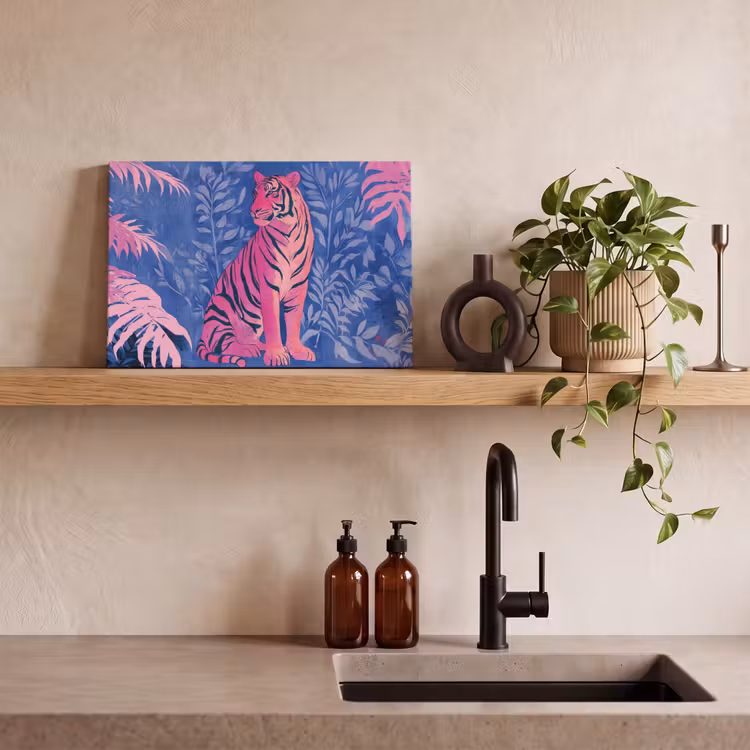 Canvas schilderij - Tijger - Roze - Bladeren - Jungle — 3