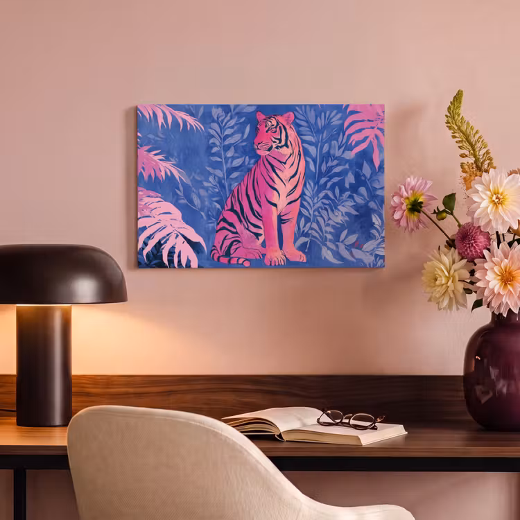 Canvas schilderij - Tijger - Roze - Bladeren - Jungle — 4