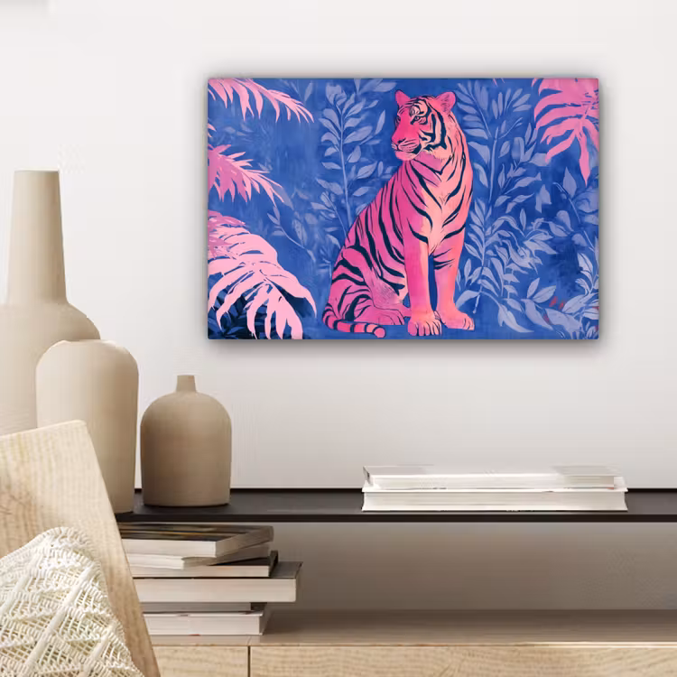 Canvas schilderij - Tijger - Roze - Bladeren - Jungle — 5