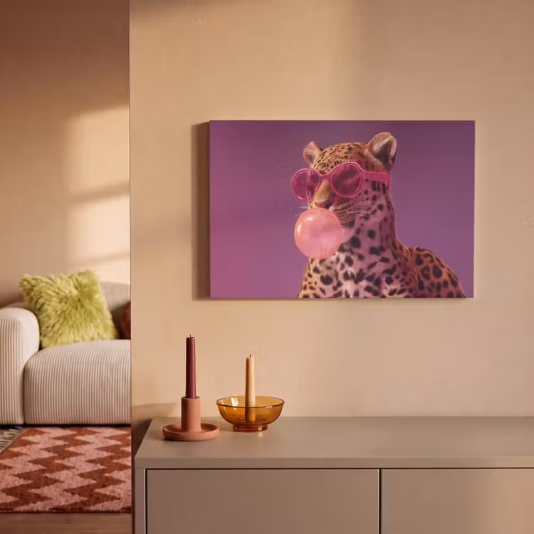 Canvas schilderij - Panter - Zonnebril - Kauwgombel - Roze — 2