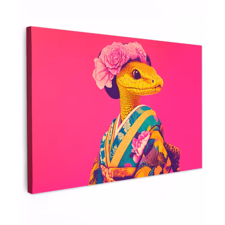 Canvas schilderij - Hagedis - Bloemen - Roze - Kimono — 1