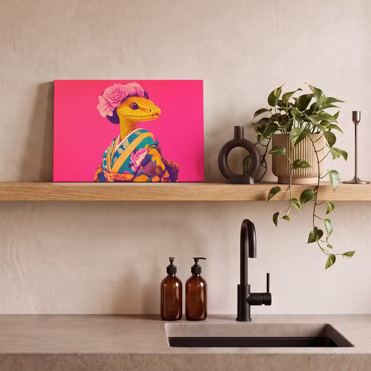 Canvas schilderij - Hagedis - Bloemen - Roze - Kimono — 3