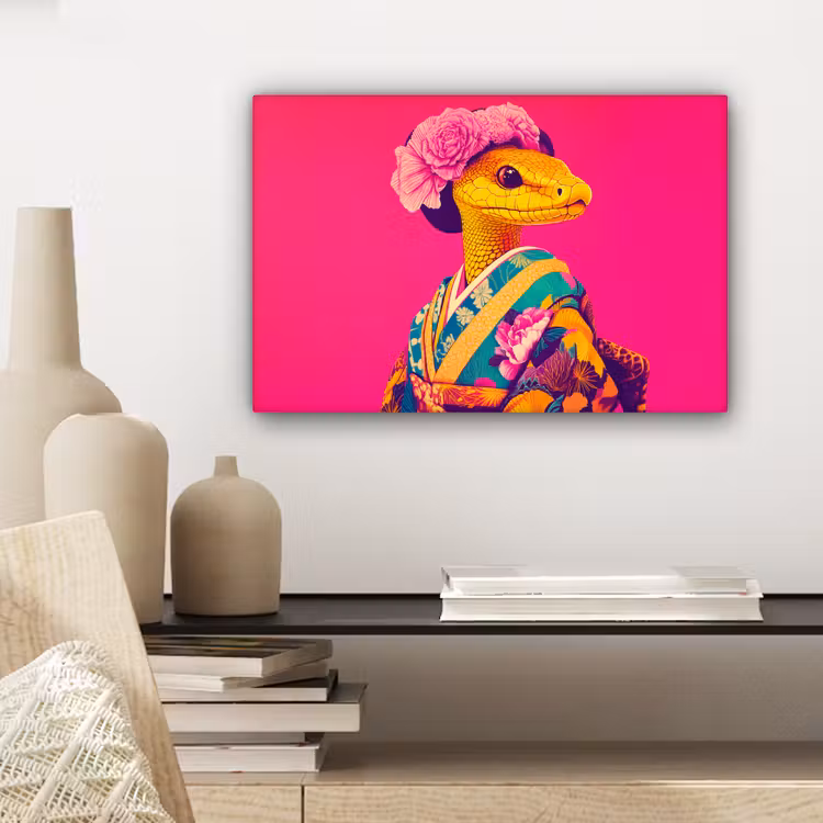 Canvas schilderij - Hagedis - Bloemen - Roze - Kimono — 5
