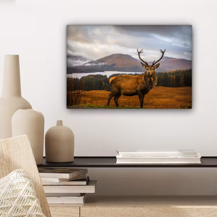 Canvas schilderij - Hert - Berg - Water - Landschap - Dieren - Bomen — 5