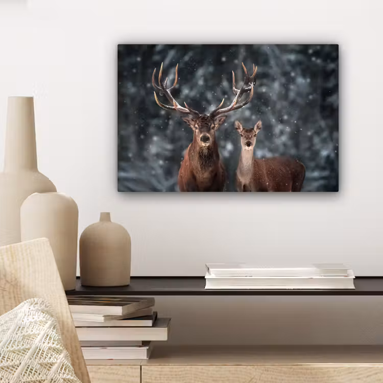 Canvas schilderij - Hert - Dieren - Winter - Gewei - Sneeuw - Natuur — 5