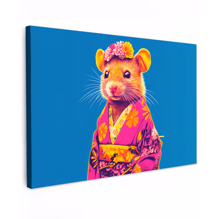 Canvas schilderij - Muis - Kimono - Bloemen - Blauw — 1