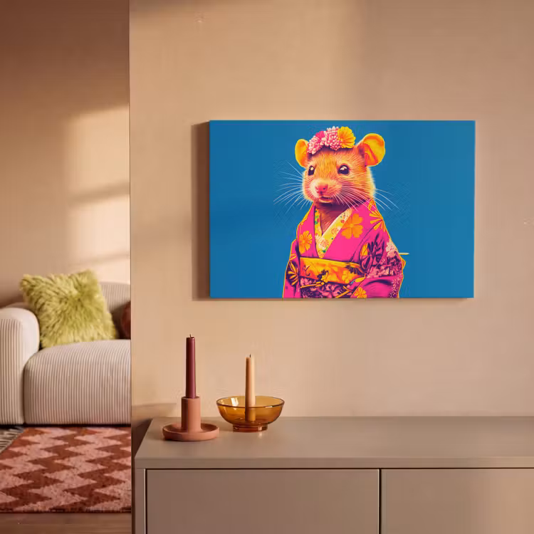 Canvas schilderij - Muis - Kimono - Bloemen - Blauw — 2