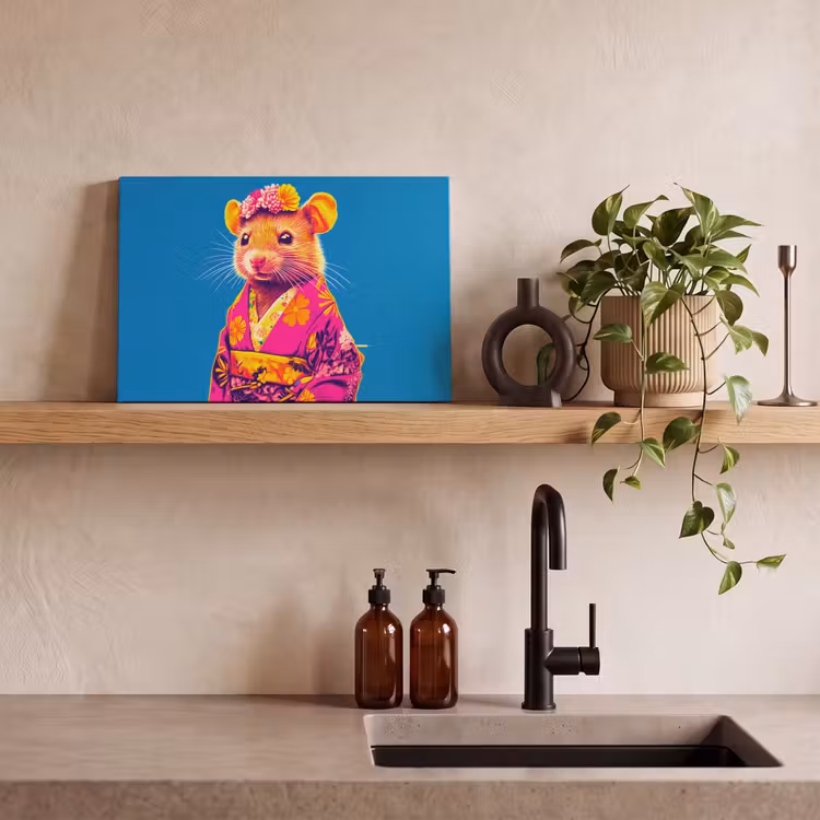 Canvas schilderij - Muis - Kimono - Bloemen - Blauw — 3