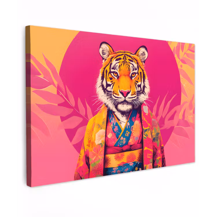Canvas schilderij - Tijger - Kimono - Planten - Roze — 1