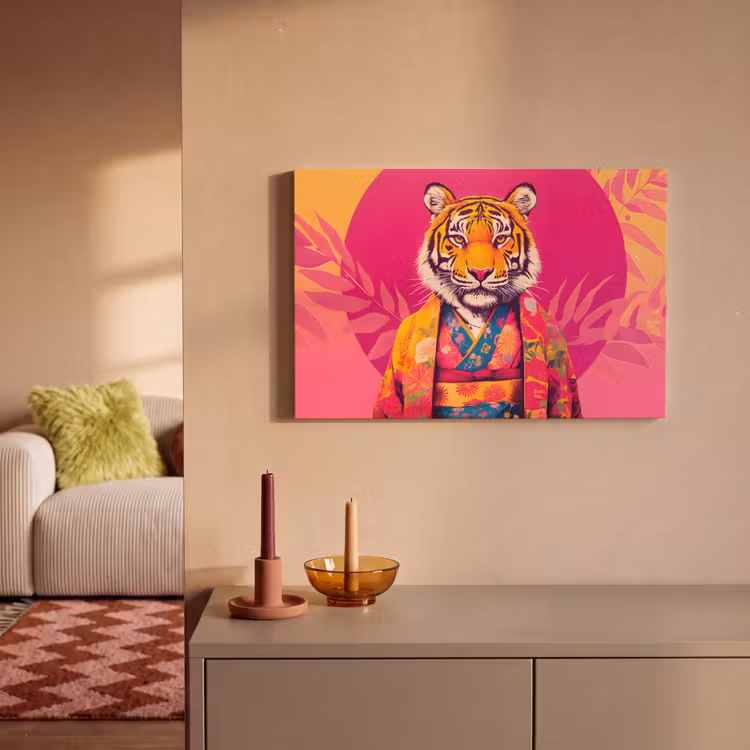 Canvas schilderij - Tijger - Kimono - Planten - Roze — 2