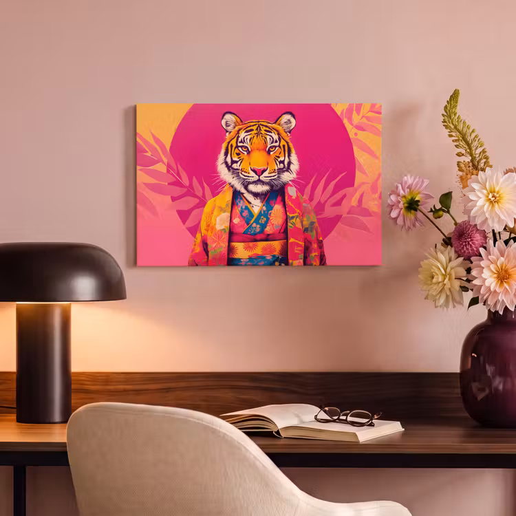Canvas schilderij - Tijger - Kimono - Planten - Roze — 4