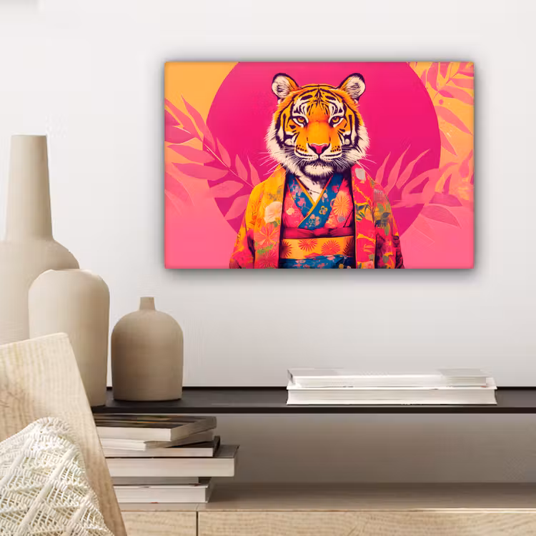 Canvas schilderij - Tijger - Kimono - Planten - Roze — 5