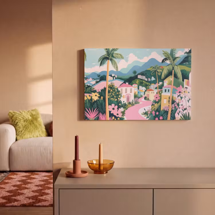 Canvas schilderij - Kleurrijk - Huizen - Heuvels - Roze — 2