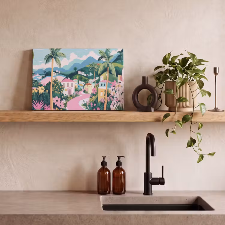 Canvas schilderij - Kleurrijk - Huizen - Heuvels - Roze — 3