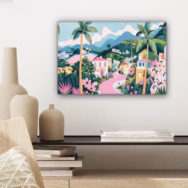 Canvas schilderij - Kleurrijk - Huizen - Heuvels - Roze — 5