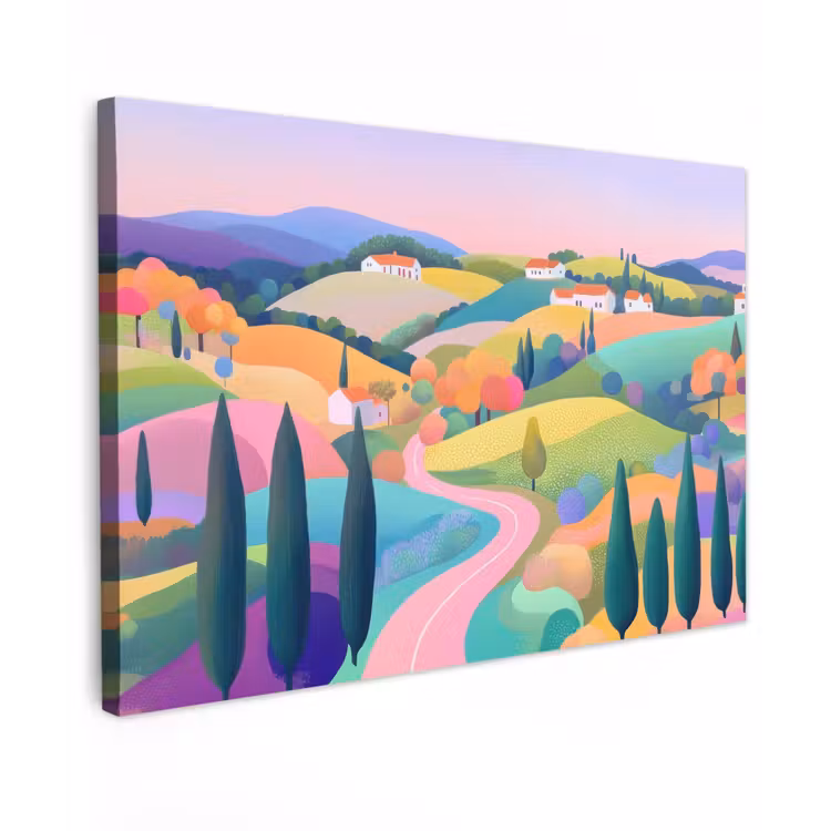 Canvas schilderij - Landschap - Paars - Pastel - Huizen — 1