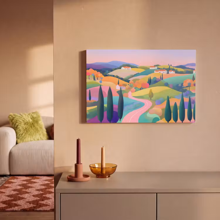 Canvas schilderij - Landschap - Paars - Pastel - Huizen — 2