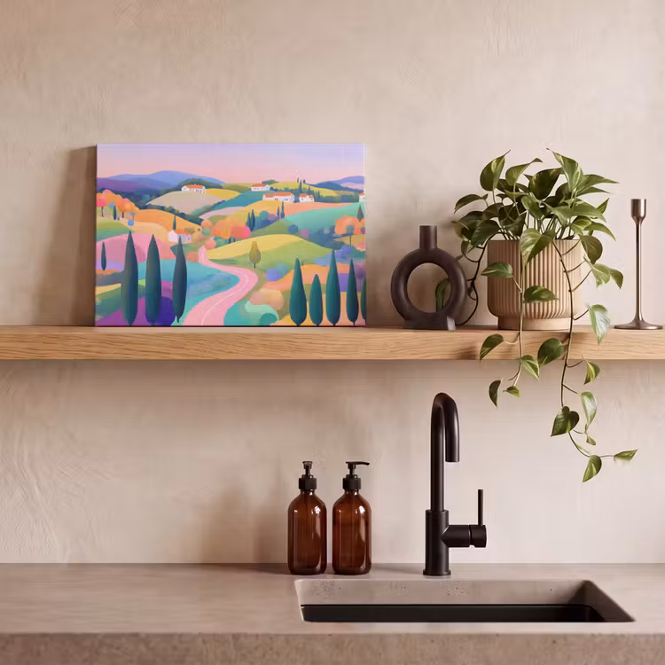 Canvas schilderij - Landschap - Paars - Pastel - Huizen — 3