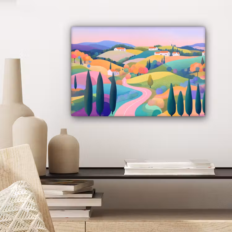 Canvas schilderij - Landschap - Paars - Pastel - Huizen — 5