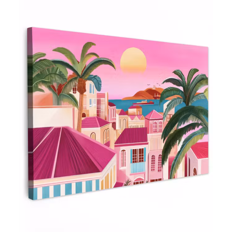 Canvas schilderij - Stad - Roze - Palmbomen — 1