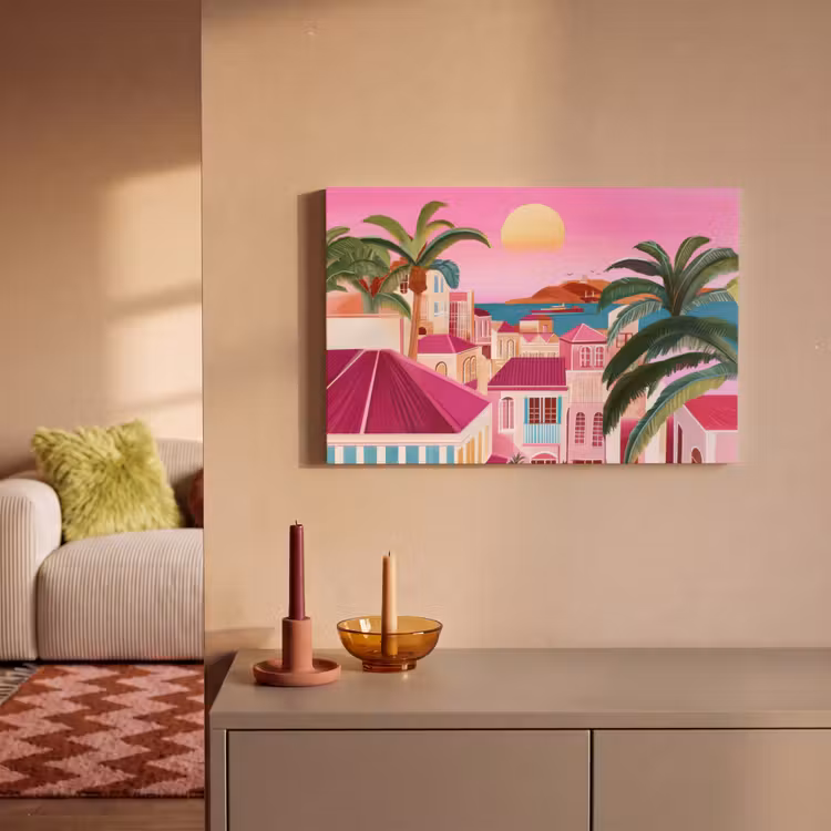 Canvas schilderij - Stad - Roze - Palmbomen — 2