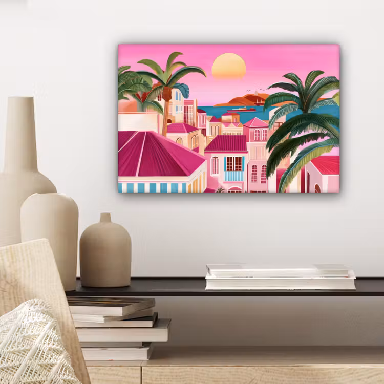Canvas schilderij - Stad - Roze - Palmbomen — 5