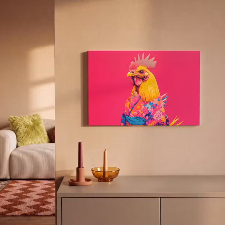 Canvas schilderij - Haan - Kleurrijk - Kimono - Roze — 2
