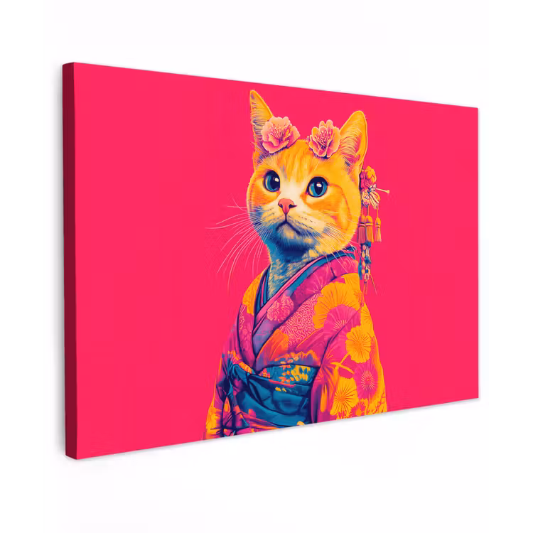 Canvas schilderij - Kat - Kimono - Bloemen - Roze — 1