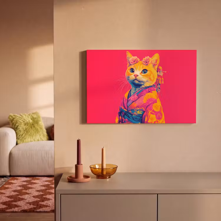 Canvas schilderij - Kat - Kimono - Bloemen - Roze — 2