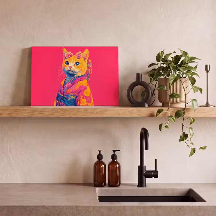 Canvas schilderij - Kat - Kimono - Bloemen - Roze — 3