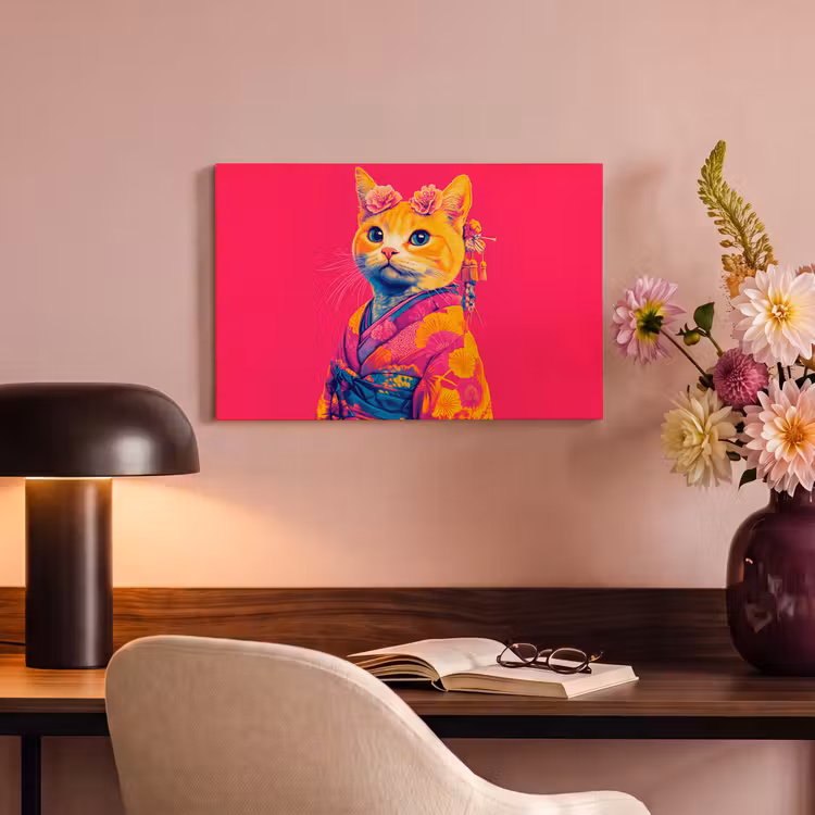 Canvas schilderij - Kat - Kimono - Bloemen - Roze — 4
