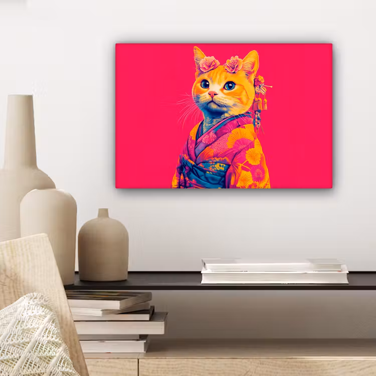 Canvas schilderij - Kat - Kimono - Bloemen - Roze — 5