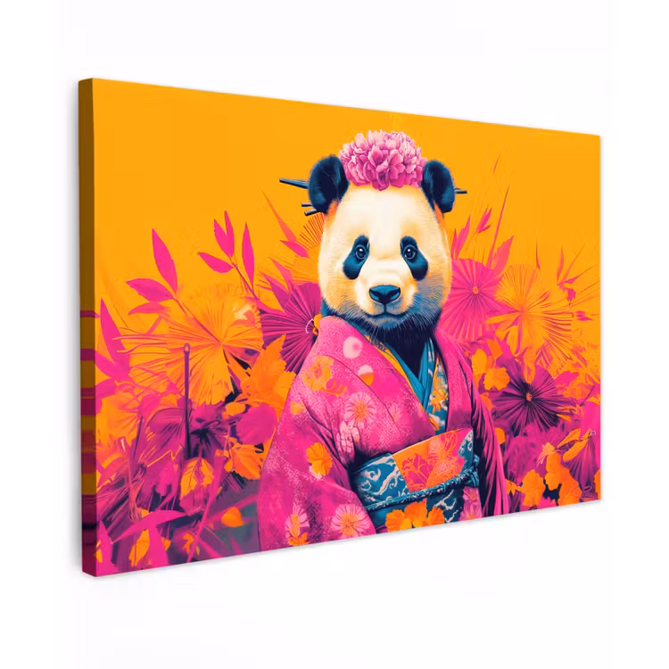 Canvas schilderij - Kimono - Roze - Panda - Bloemenkroon — 1