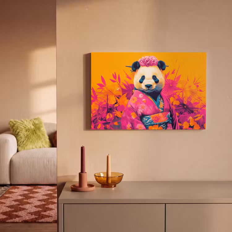 Canvas schilderij - Kimono - Roze - Panda - Bloemenkroon — 2