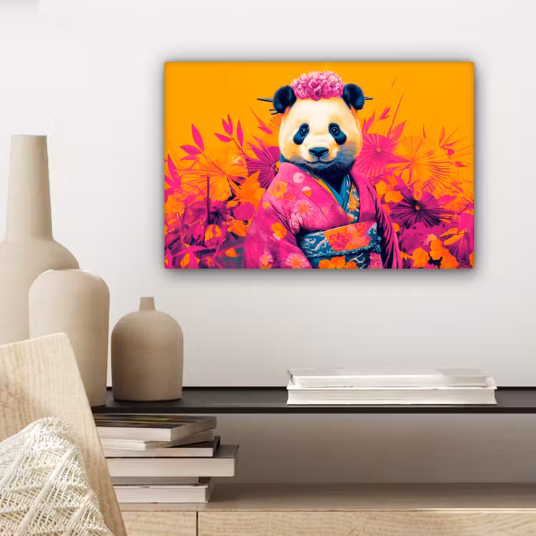 Canvas schilderij - Kimono - Roze - Panda - Bloemenkroon — 5