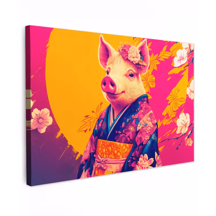 Canvas schilderij - Varken - Bloemkroon - Kimono - Abstract — 1