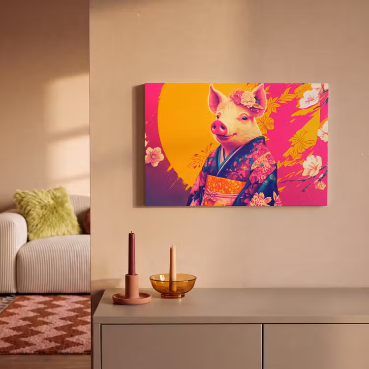 Canvas schilderij - Varken - Bloemkroon - Kimono - Abstract — 2