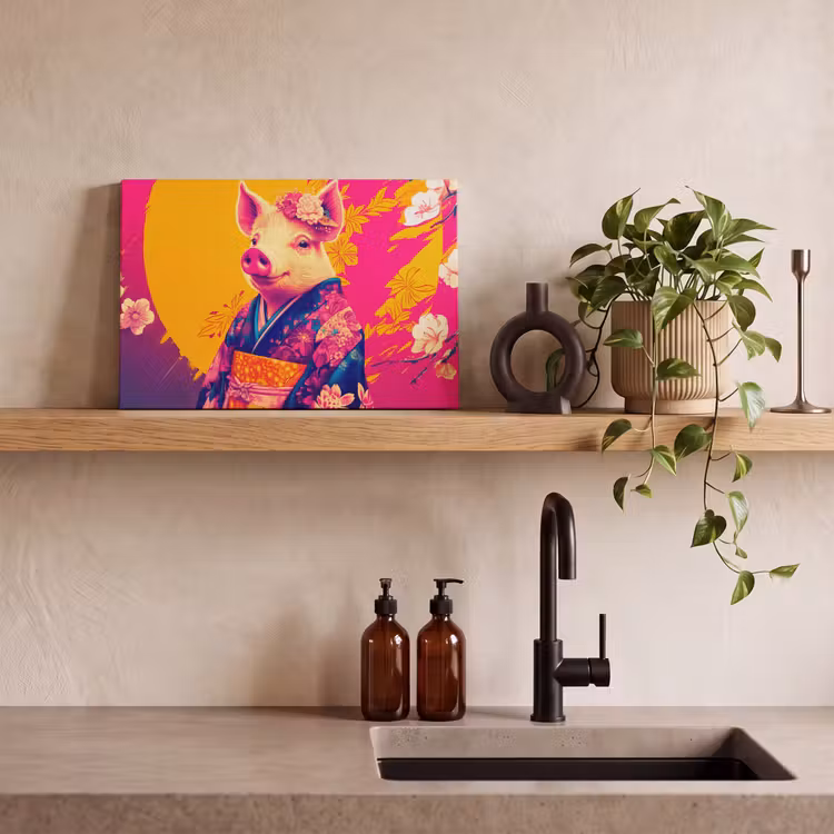 Canvas schilderij - Varken - Bloemkroon - Kimono - Abstract — 3