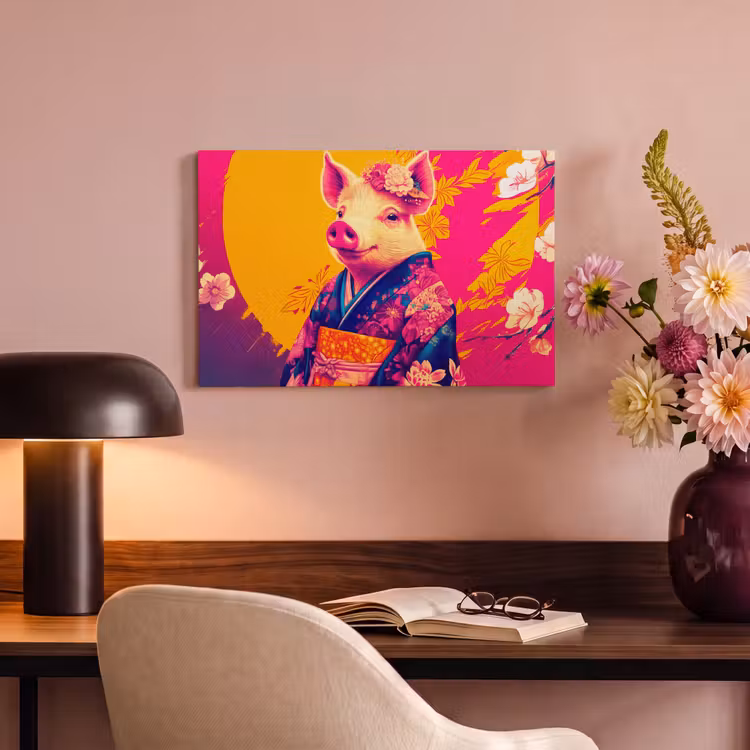 Canvas schilderij - Varken - Bloemkroon - Kimono - Abstract — 4