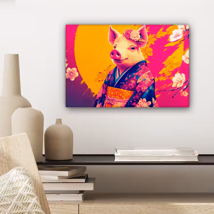 Canvas schilderij - Varken - Bloemkroon - Kimono - Abstract — 5