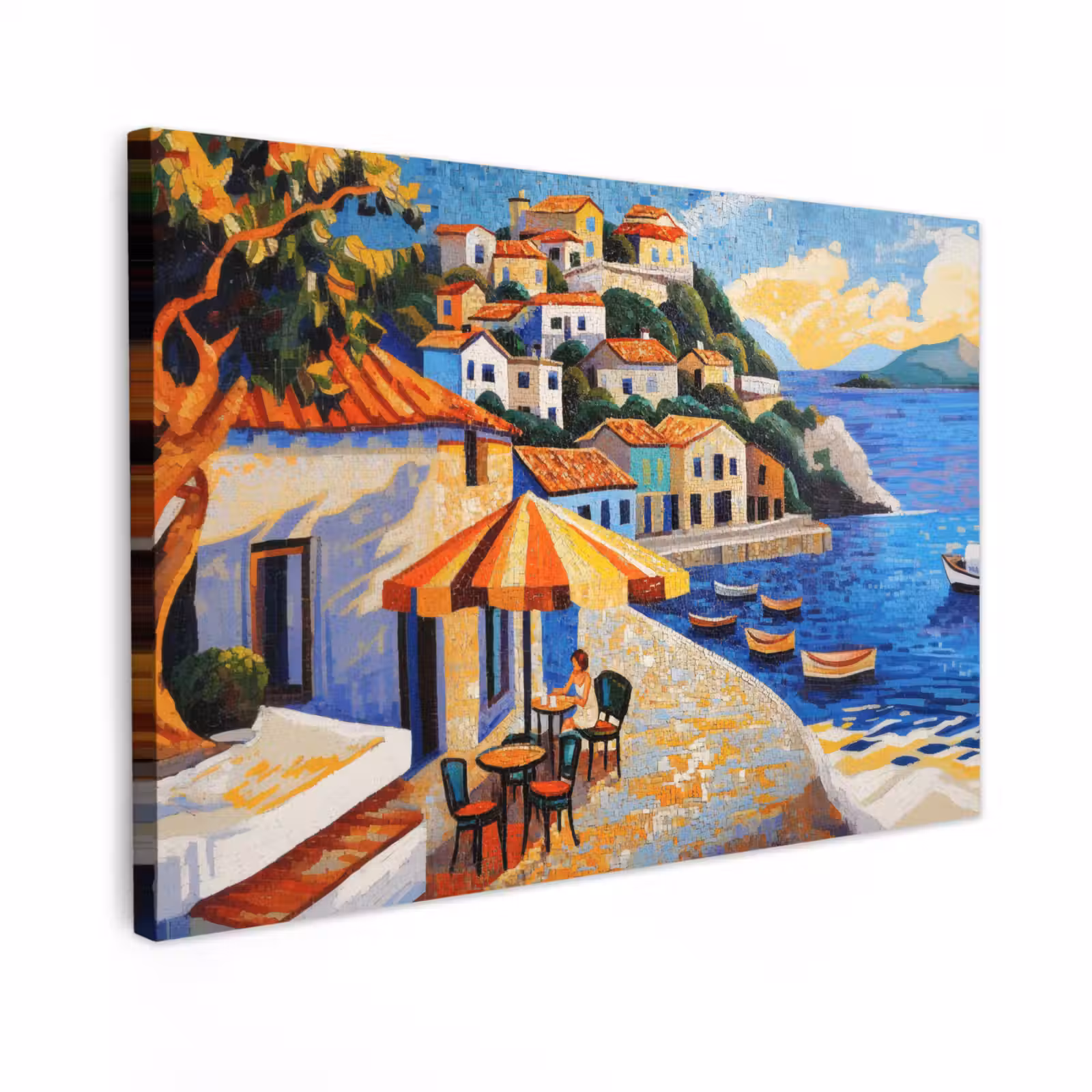 Canvas schilderij - Kustdorp - Huisjes - Mozaïek - Zee — 1